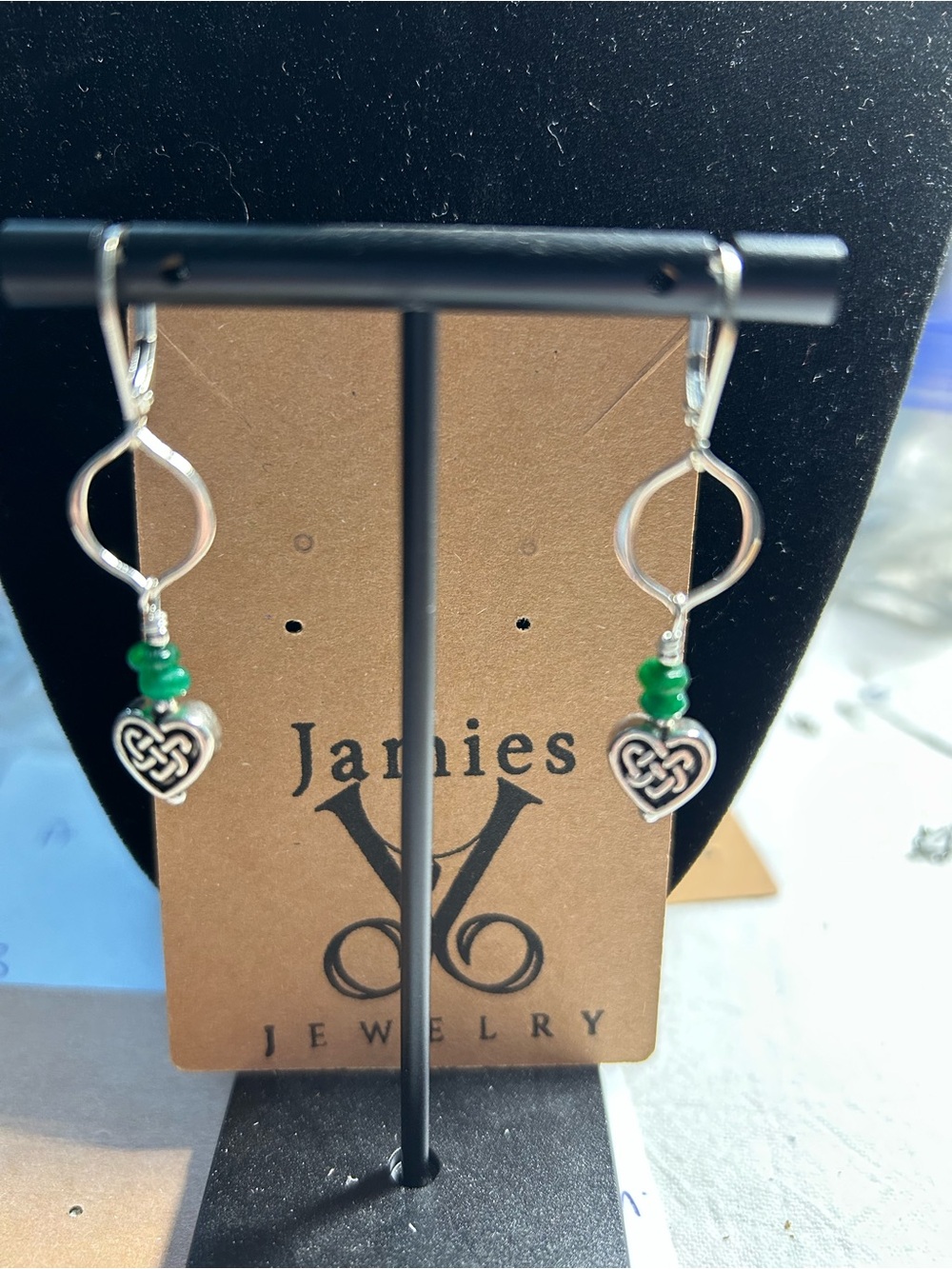 Celtic Silver Heart Knot Earrings with Green Beads